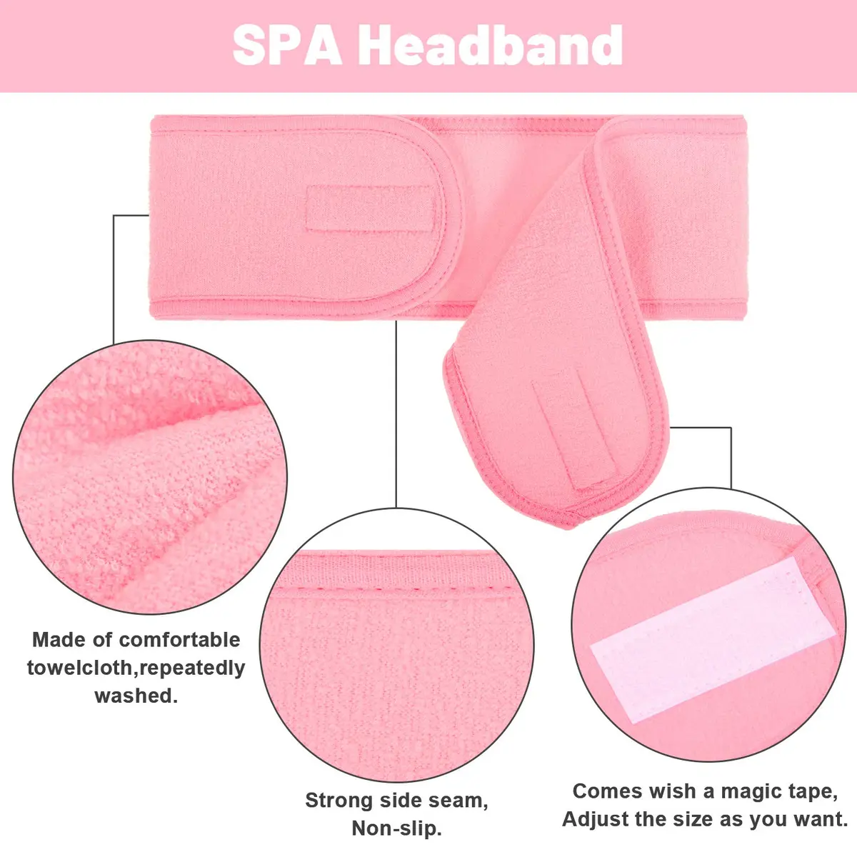 Whaline Pink Spa Headband 4 Pcs | Soft Terry Cloth, Adjustable & Reusable for Facial & Makeup - view 3