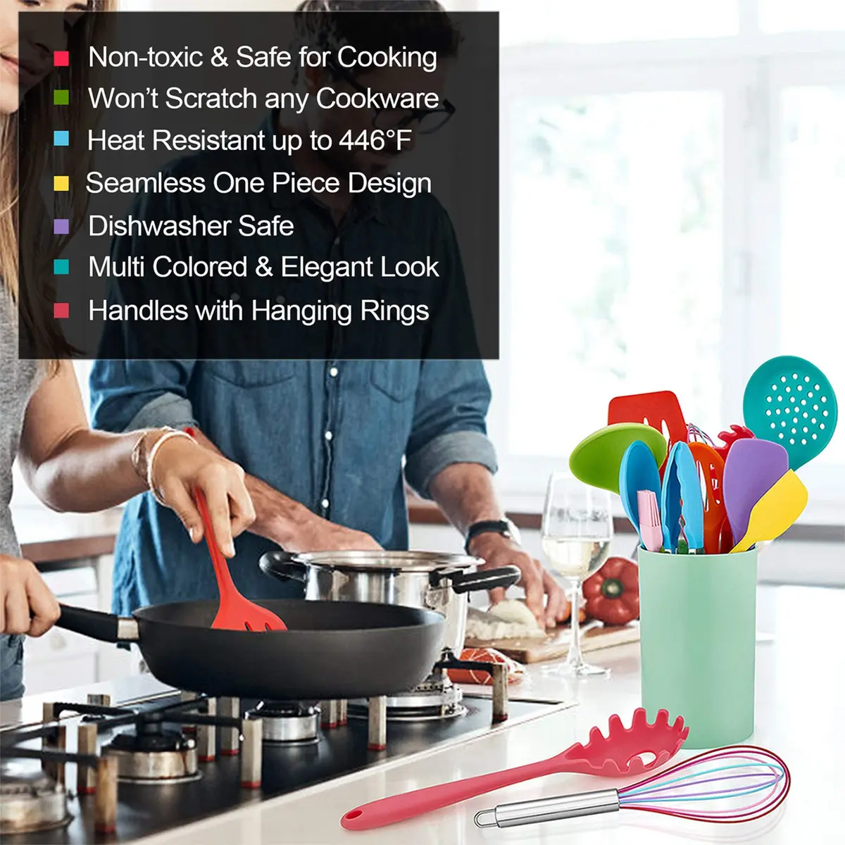 LIANYU 12-Piece Silicone Kitchen Cooking Utensils Set with Holder, Multi Color | Food Grade & Heat Resistant - view 3