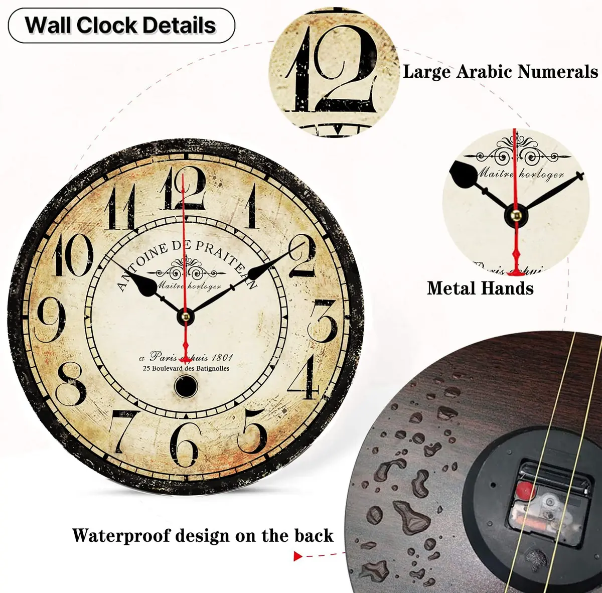CAMAQUI 12 inch Retro Wall Clock | Silent Non-Ticking Vintage Decor for Living Room & Kitchen - view 2