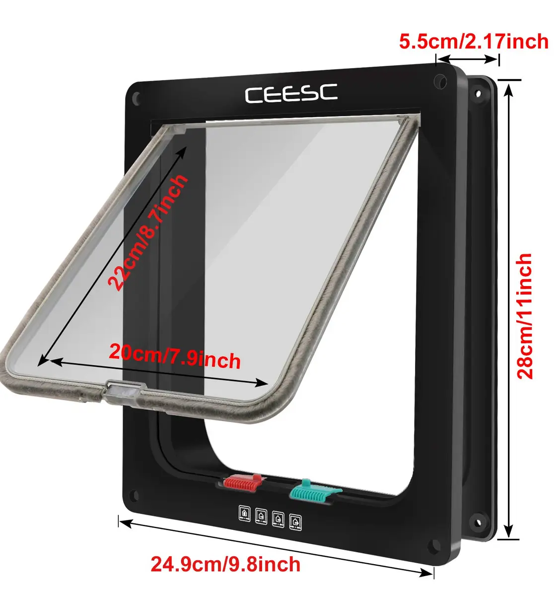 CEESC X-Large Black Cat Door for Interior/Exterior, 24.9cm x 28cm x 5.5cm (9.8"W x 11"H x 2.15"D) | 4-Way Locking ABS Pet Door for Pets up to 12.5 kg - view 5