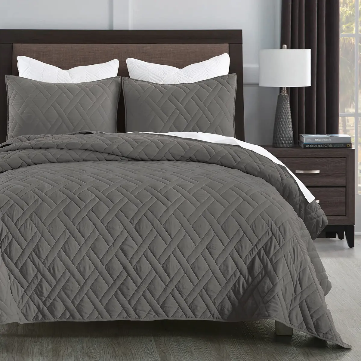HORIMOTE HOME Quilt Set King Size Grey | Classic Geometric Diamond Pattern, Ultra Soft Microfiber, All Season Lightweight Bedspread Coverlet - main product image