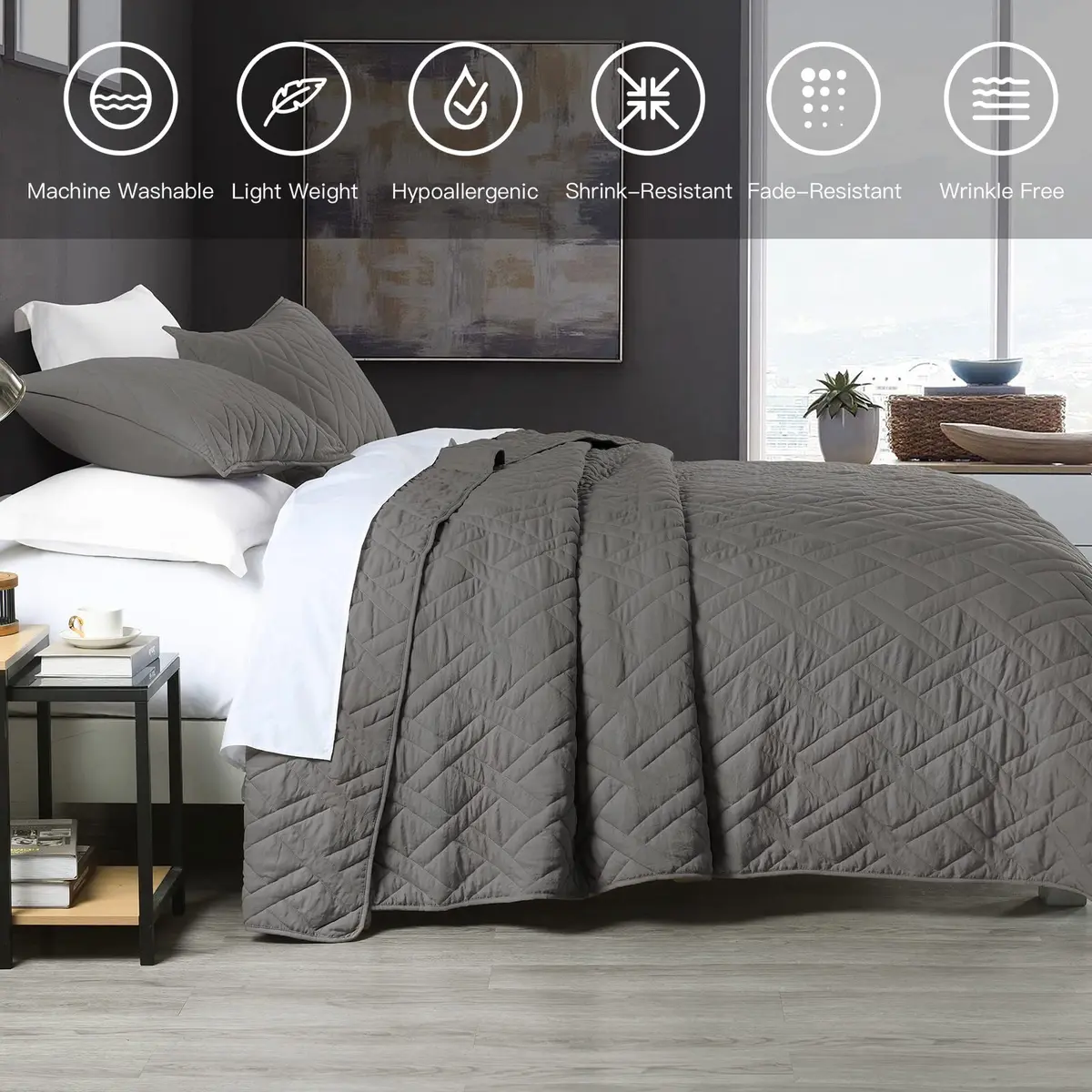 HORIMOTE HOME Quilt Set King Size Grey | Classic Geometric Diamond Pattern, Ultra Soft Microfiber, All Season Lightweight Bedspread Coverlet - view 5