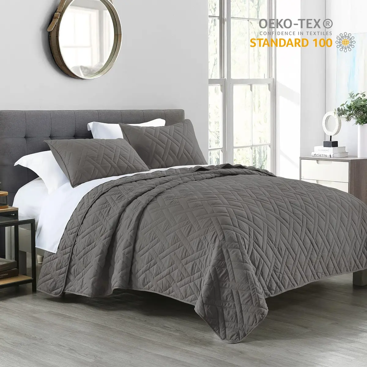 HORIMOTE HOME Quilt Set King Size Grey | Classic Geometric Diamond Pattern, Ultra Soft Microfiber, All Season Lightweight Bedspread Coverlet - view 2