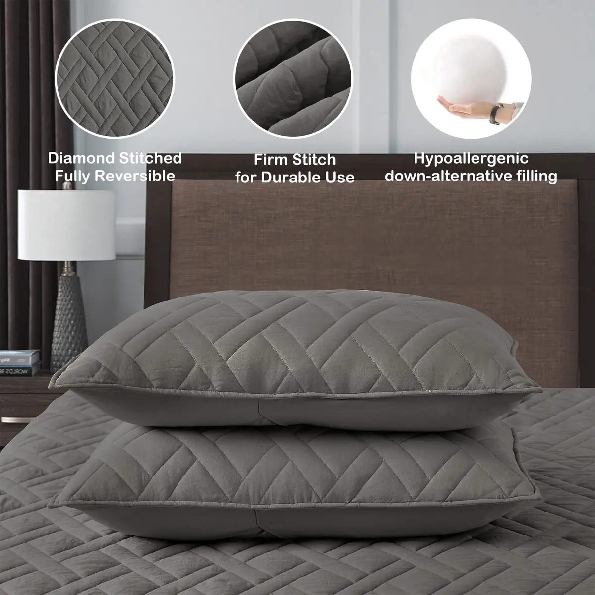 HORIMOTE HOME Quilt Set King Size Grey | Classic Geometric Diamond Pattern, Ultra Soft Microfiber, All Season Lightweight Bedspread Coverlet - view 4