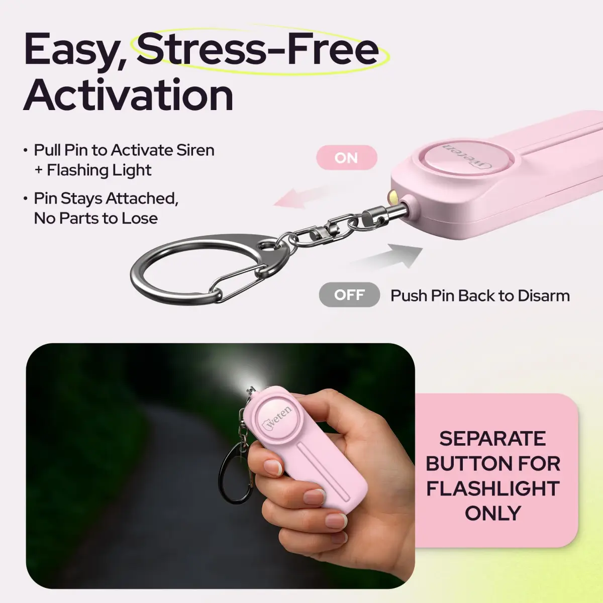 WETEN Personal Safety Alarm Keychain for Women, 130dB Siren, LED Light, Pink | Loud Siren & LED for Instant Alert - view 3