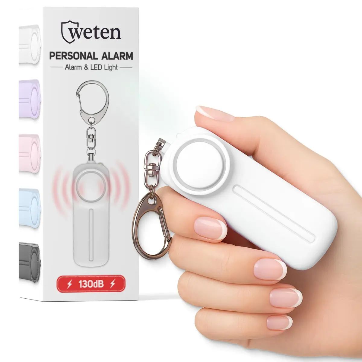 Weten Personal Safety Alarm Keychain White | 130dB Siren, LED Light, Panic Pin, TSA-Approved, 2xAAA Batteries Included - main product image