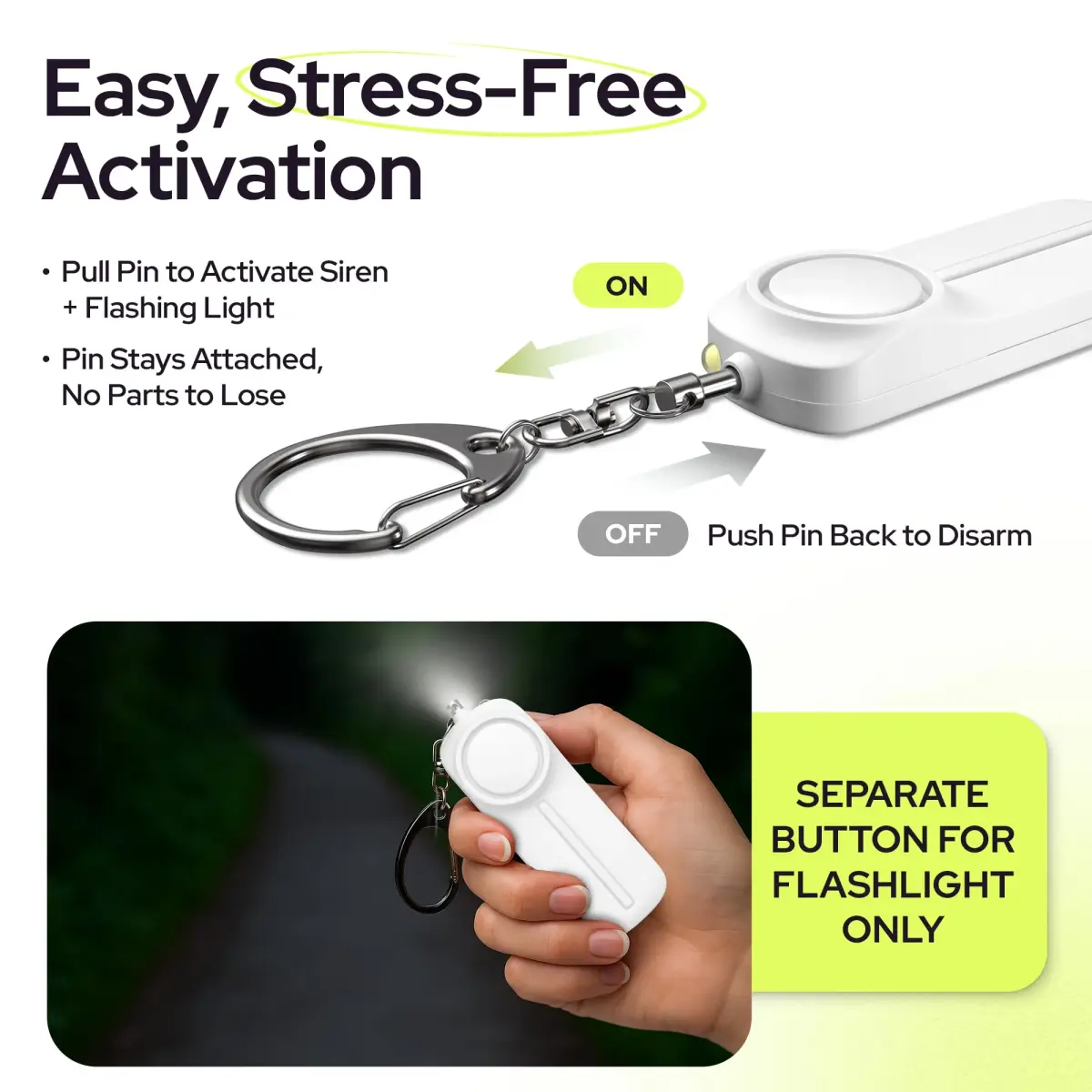 Weten Personal Safety Alarm Keychain White | 130dB Siren, LED Light, Panic Pin, TSA-Approved, 2xAAA Batteries Included - view 3