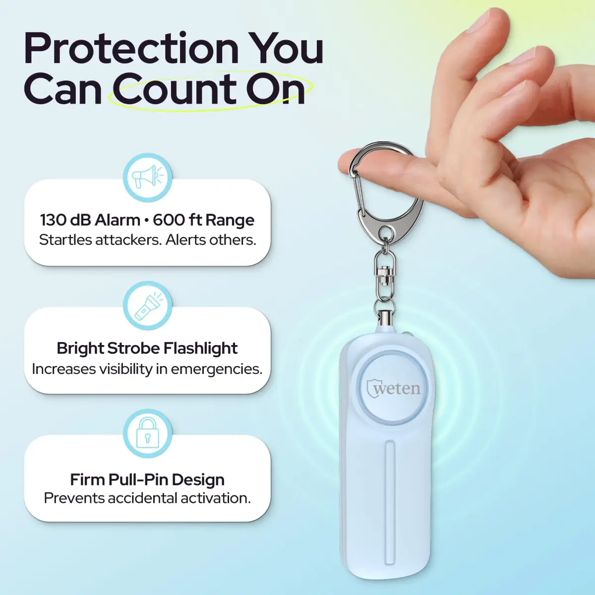 WETEN Personal Safety Alarm Keychain for Women, 130dB Siren & LED Light, Blue (2 AAA Batteries Required) - view 2