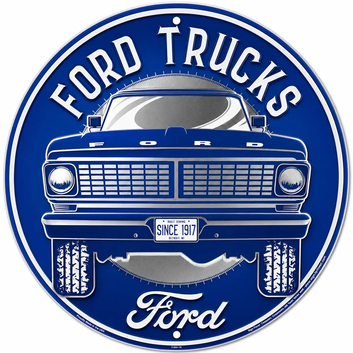 Hangtime Vintage Metal Sign, Ford Truck Classic Old F-Series, 12 Inch Round Wall Art, Silver/Gray - main product image