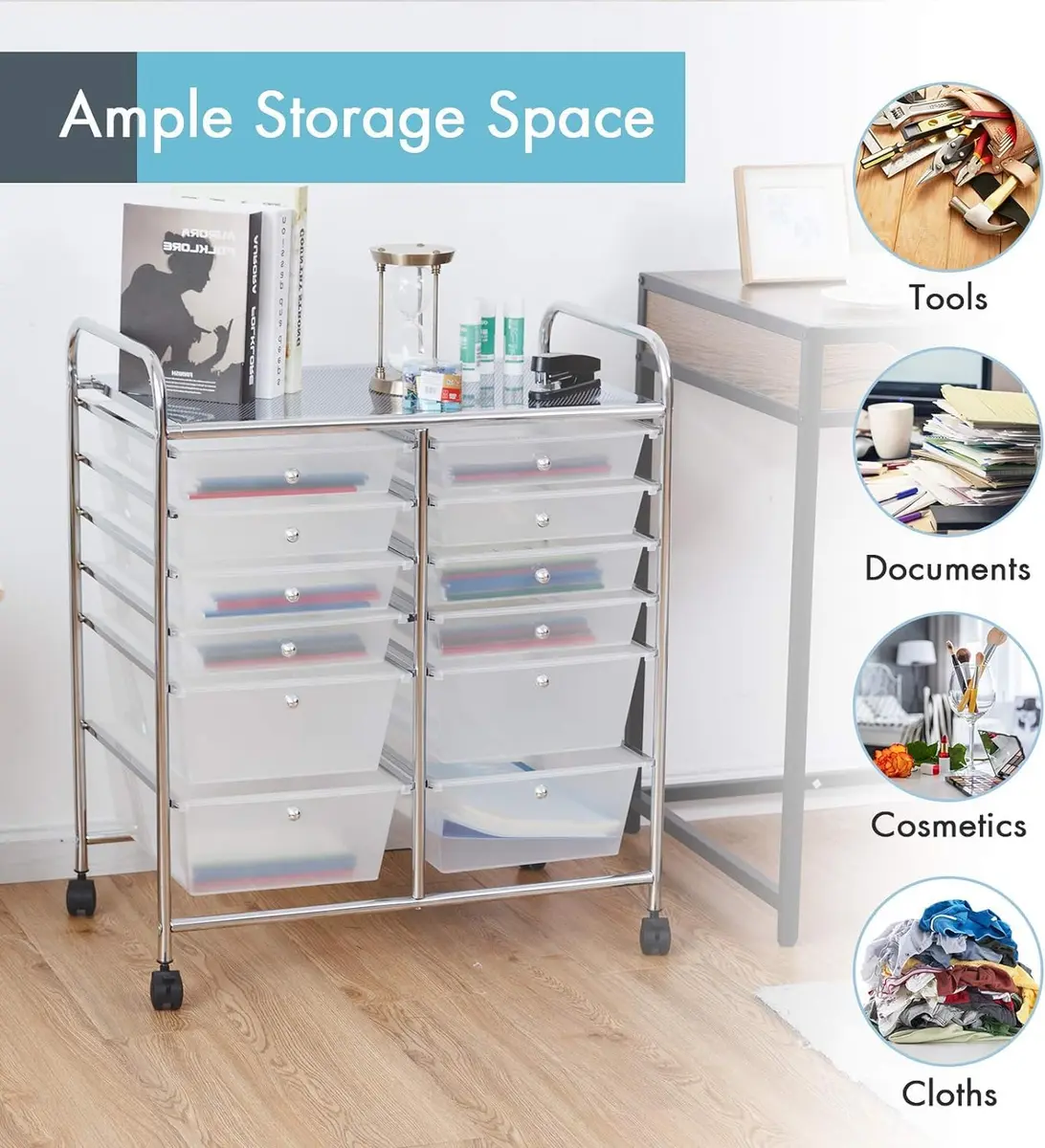 HAPPYGRILL 12-Drawer Storage Cart 25in x 15in x 29.5in | Durable Steel & Plastic - view 3