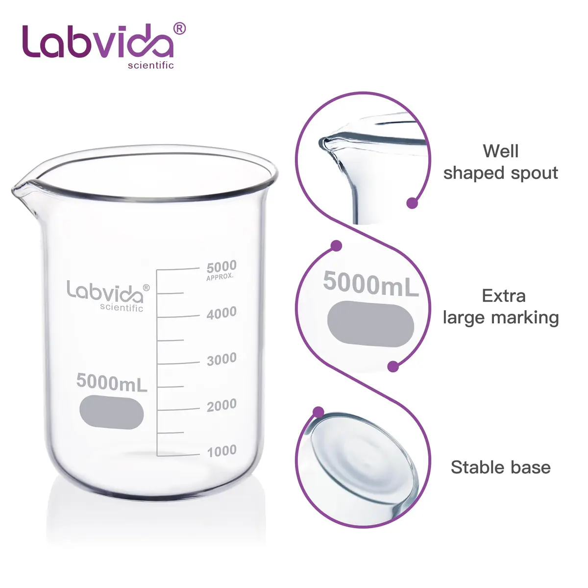 Labvida Griffin Low Form Glass Beaker 5000ml | ASTM E960 Compliant, Borosilicate, High-Temperature Resistance - view 2