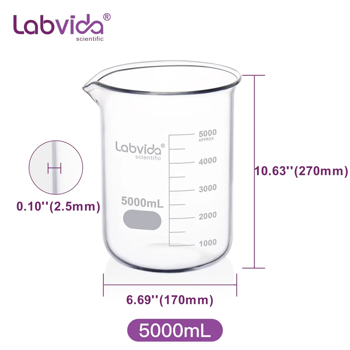 Labvida Griffin Low Form Glass Beaker 5000ml | ASTM E960 Compliant, Borosilicate, High-Temperature Resistance - view 3
