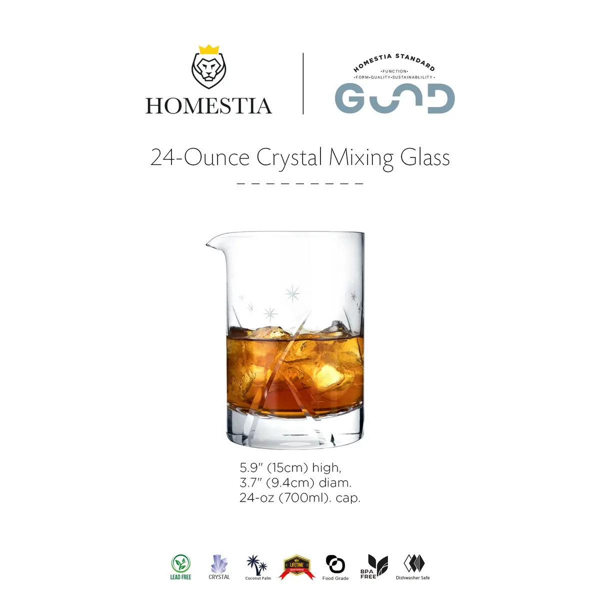 Homestia 700ml (24 Oz) Snowflake Crystal Mixing Glass | Seamless Lead-Free Crystal Bartender Glass - view 9