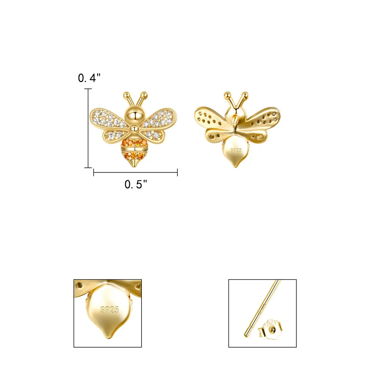 EleQueen 925 Sterling Silver CZ Tiny Bumblebee Stud Earrings | Gold Tone Jewelry Gift for Women - view 3