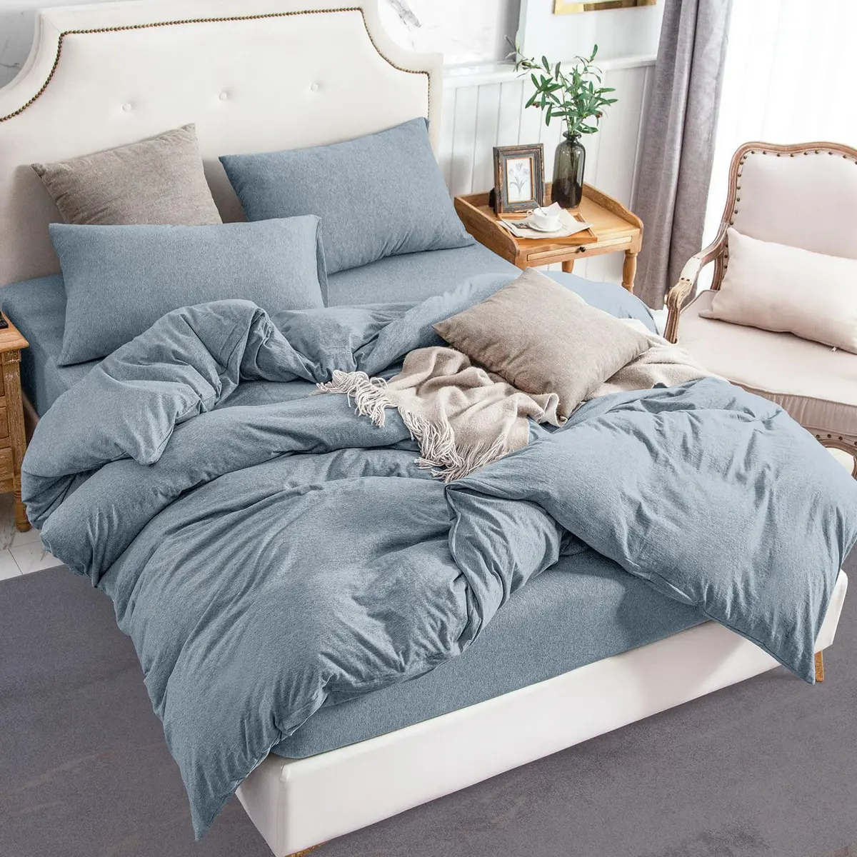PURE ERA Jersey Knit Duvet Cover Set Heather Blueish Grey King | Soft, Breathable Cotton Bedding - view 3