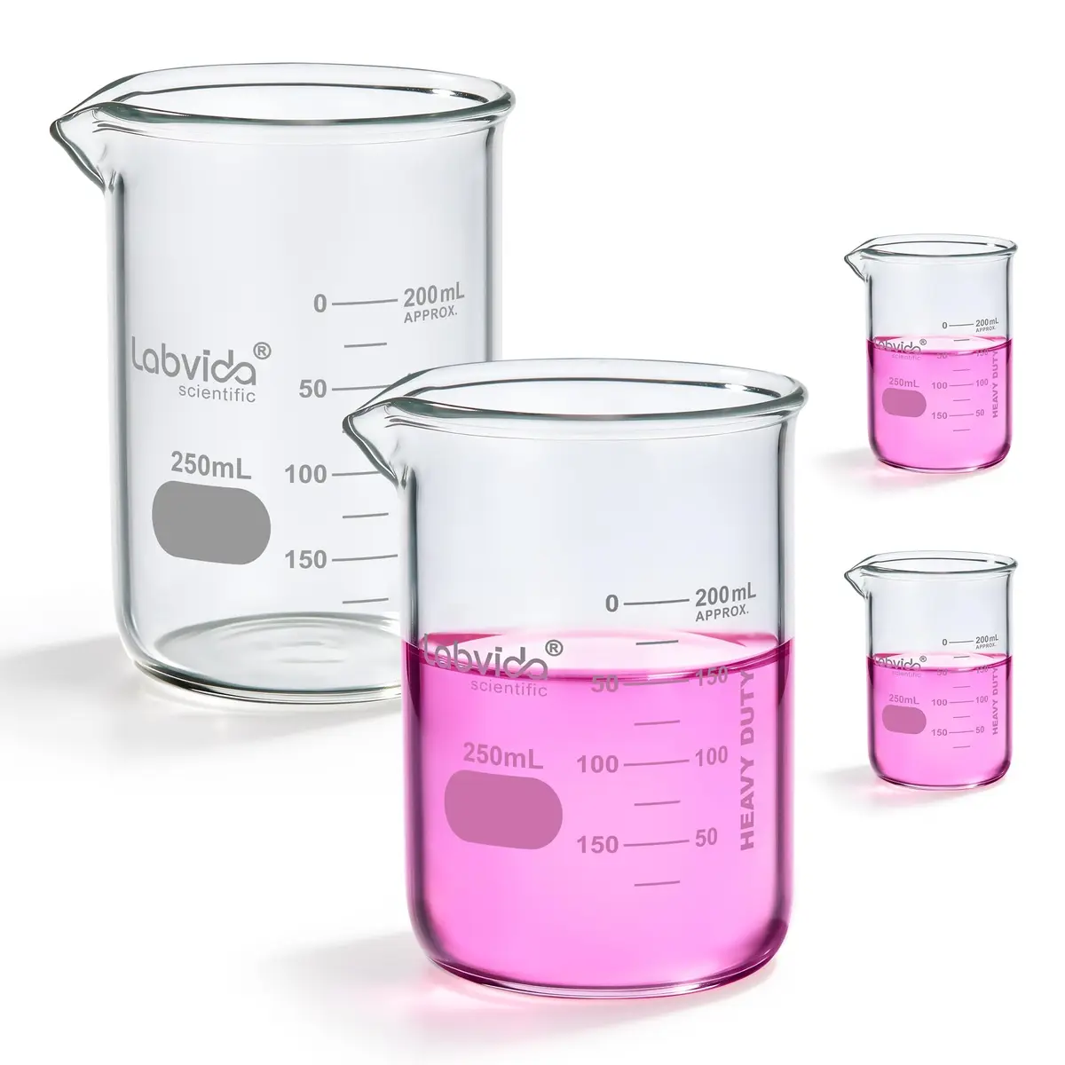 Labvida 4pcs 250ml Borosilicate Glass Beakers | ASTM E960 Compliant, Heat Resistant, Chemical Resistant, 250ml Capacity - main product image