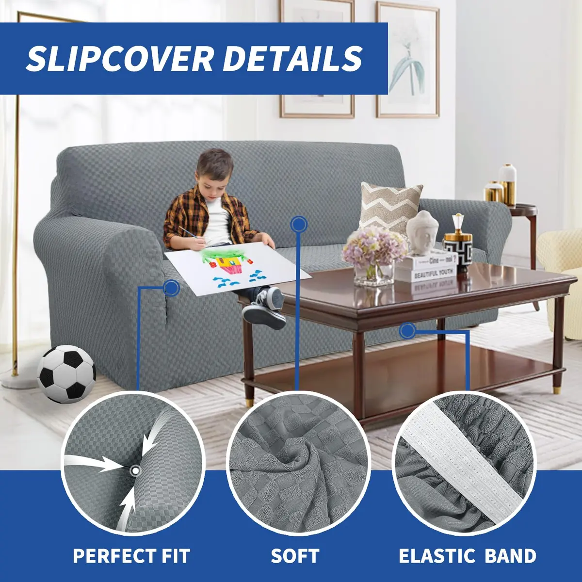 YEMYHOM Sofa Cover Jacquard Design High Stretch 71"-91" Light Gray | Pet & Kids Proof Elastic Furniture Protector - view 4