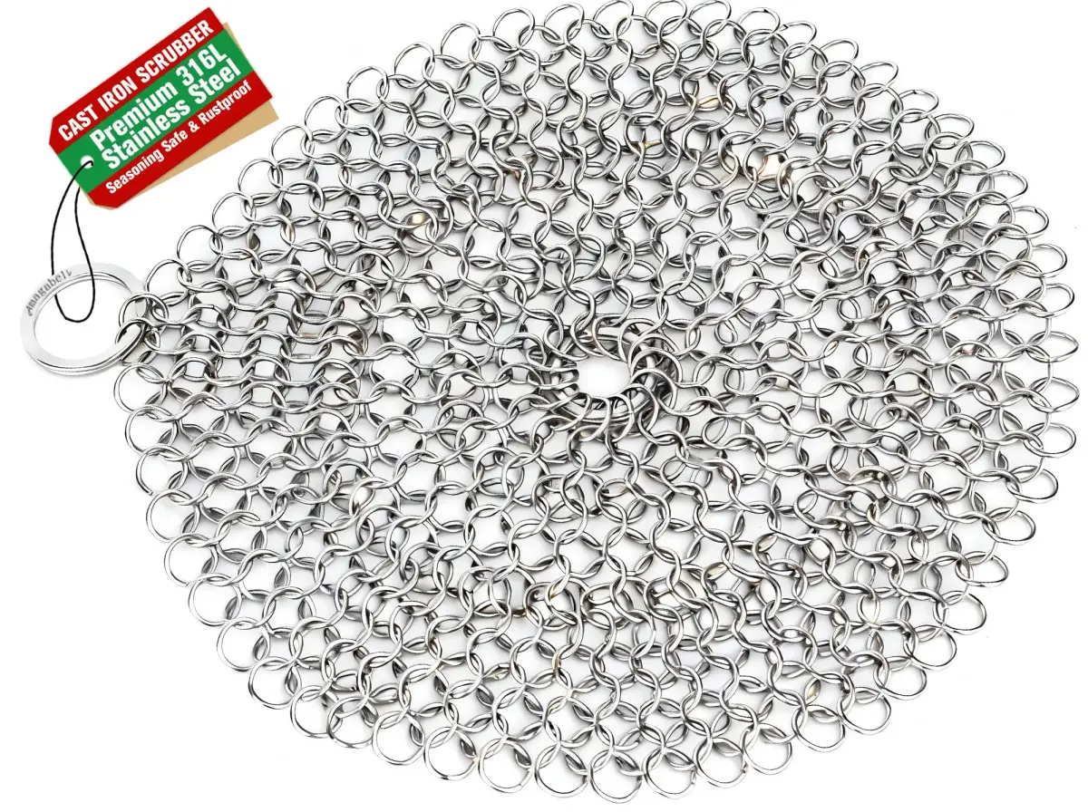 AMAGABELI GARDEN & HOME 7-inch Cast Iron Cleaner | Stainless Steel Chainmail Scrubber for Griddles, Woks, Pots (Silver) - main product image