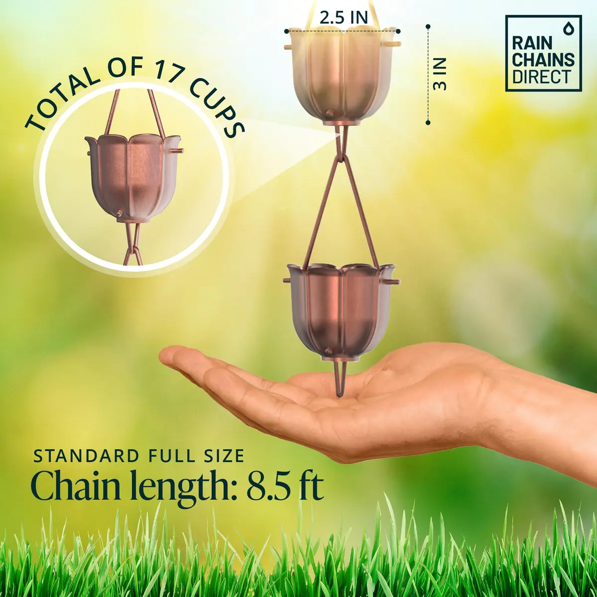 Rain Chains Direct Flutes Rain Chain 8.5 ft | Pure Solid Copper Outdoor Decor - view 3