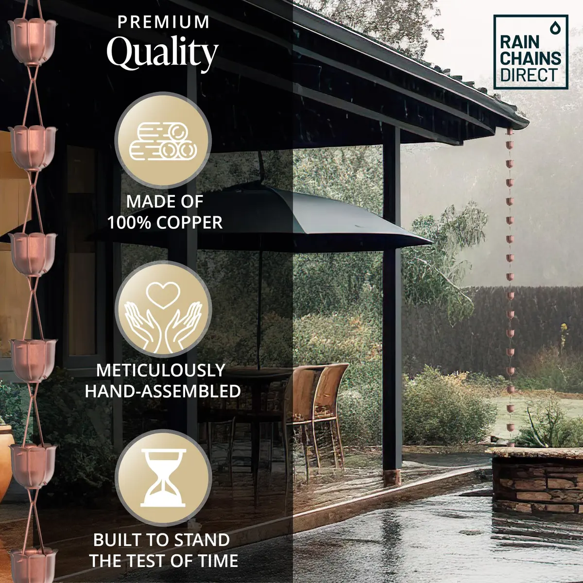 Rain Chains Direct Flutes Rain Chain 8.5 ft | Pure Solid Copper Outdoor Decor - view 4