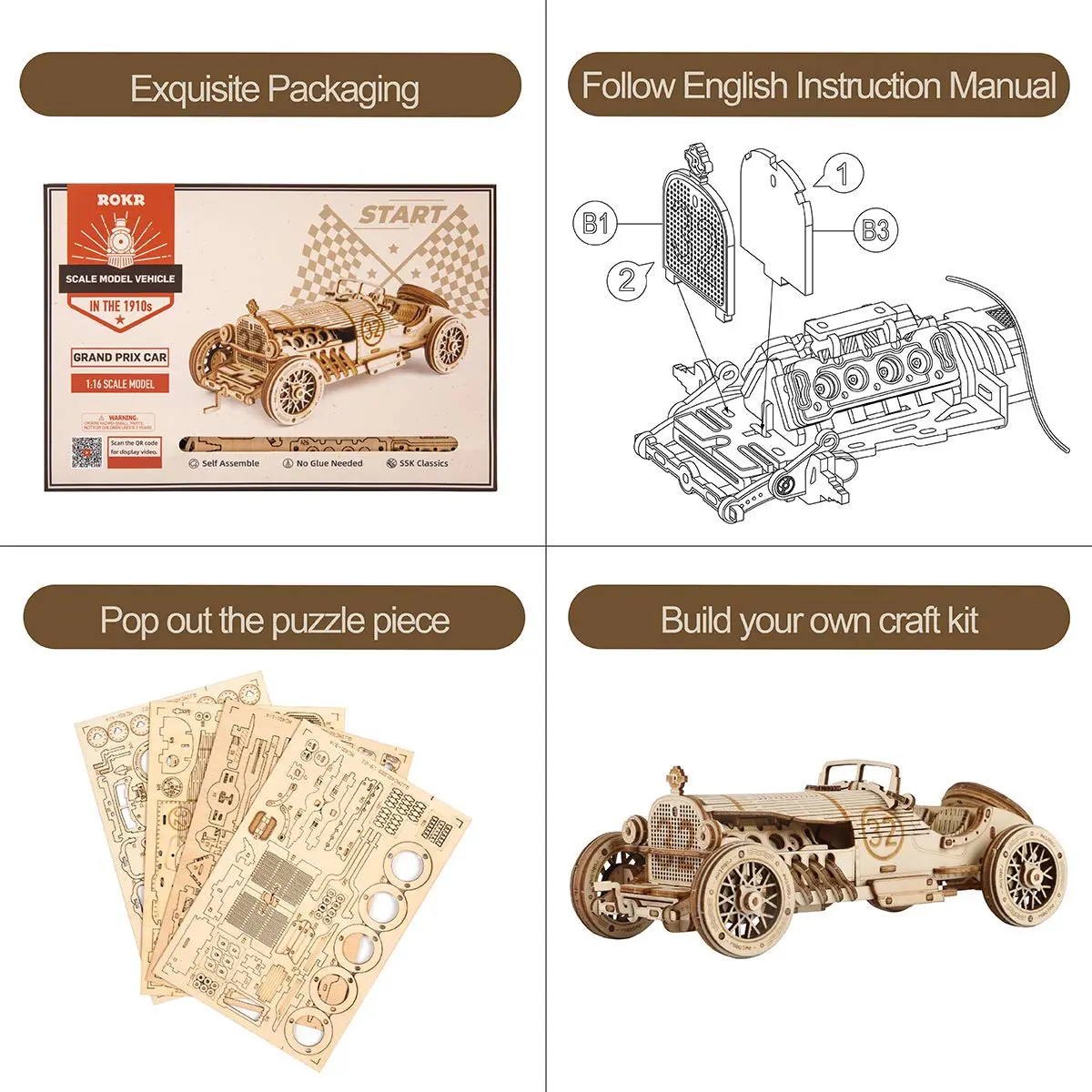 ROKR 3D Wooden Puzzle Car Model Kit - Advanced Brain Teaser for Adults, 220 pcs, 18.9cm x 8cm | Unique Gift - view 4