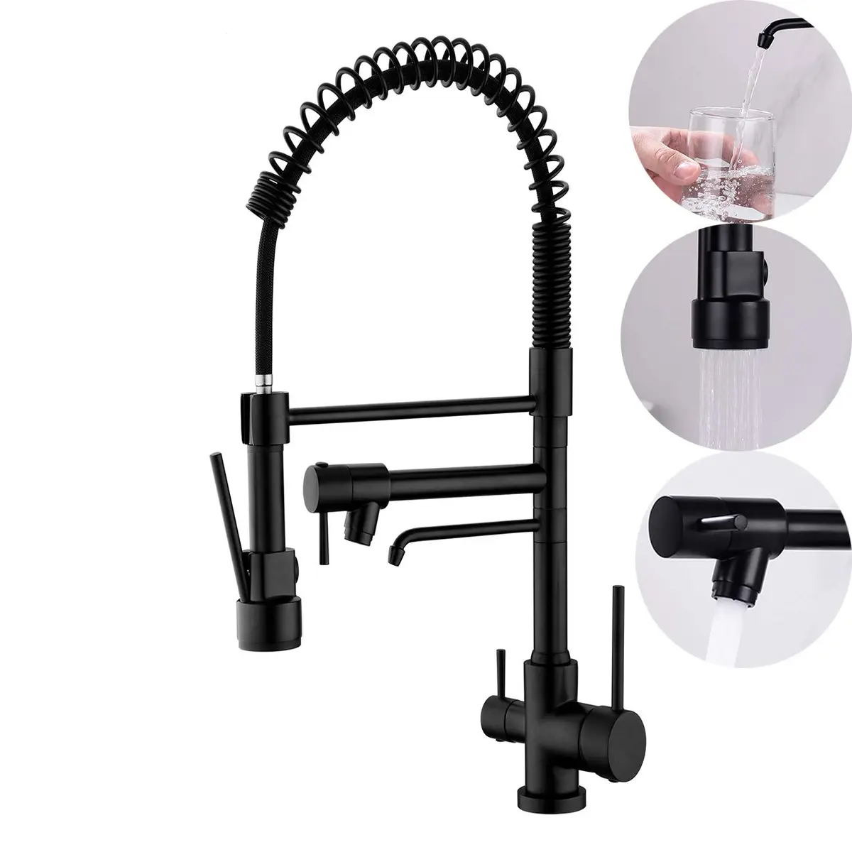 Delle Rosa Kitchen Faucet,3 Way Drinking Water Faucet, Modern Kitchen Faucet with Pull Down Sprayer, Dual Handles Kitchen Sink Faucets,3 in 1 High Arc Water Filter Purifier Faucets Matte Black | 17.9" High-Arch Gooseneck, 360° Swivel - main product image
