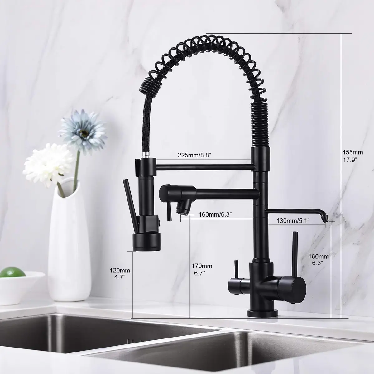 Delle Rosa Kitchen Faucet,3 Way Drinking Water Faucet, Modern Kitchen Faucet with Pull Down Sprayer, Dual Handles Kitchen Sink Faucets,3 in 1 High Arc Water Filter Purifier Faucets Matte Black | 17.9" High-Arch Gooseneck, 360° Swivel - view 5