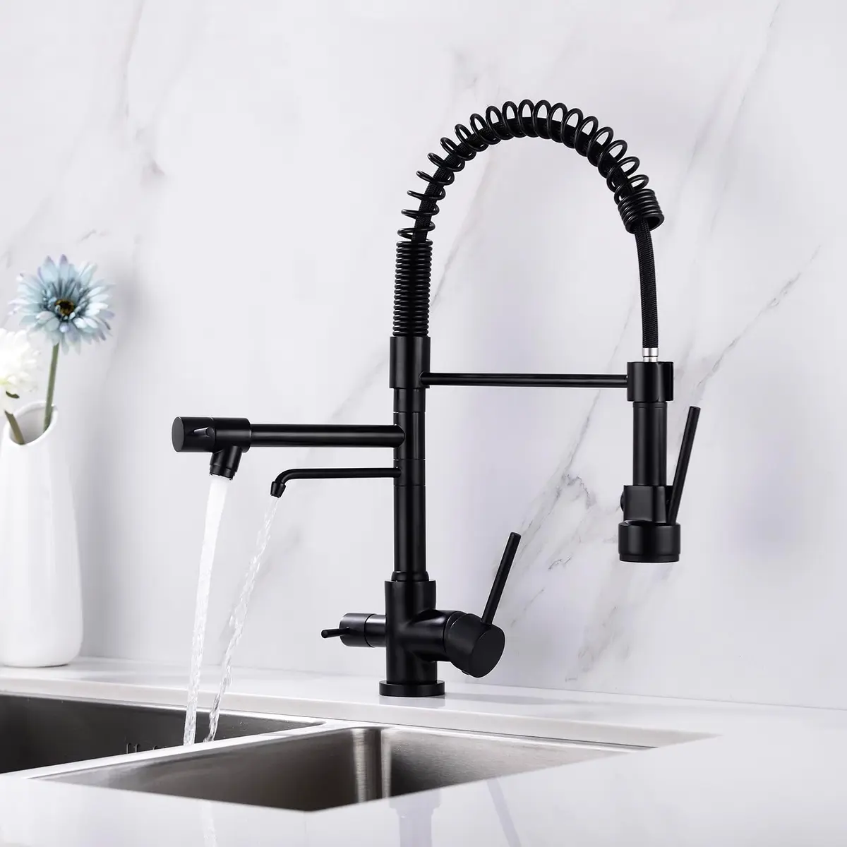 Delle Rosa Kitchen Faucet,3 Way Drinking Water Faucet, Modern Kitchen Faucet with Pull Down Sprayer, Dual Handles Kitchen Sink Faucets,3 in 1 High Arc Water Filter Purifier Faucets Matte Black | 17.9" High-Arch Gooseneck, 360° Swivel - view 2