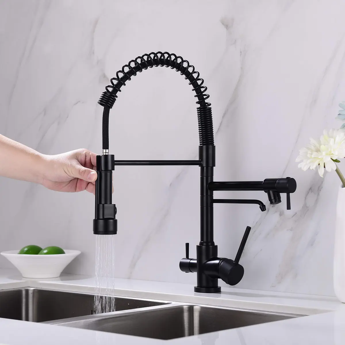 Delle Rosa Kitchen Faucet,3 Way Drinking Water Faucet, Modern Kitchen Faucet with Pull Down Sprayer, Dual Handles Kitchen Sink Faucets,3 in 1 High Arc Water Filter Purifier Faucets Matte Black | 17.9" High-Arch Gooseneck, 360° Swivel - view 3