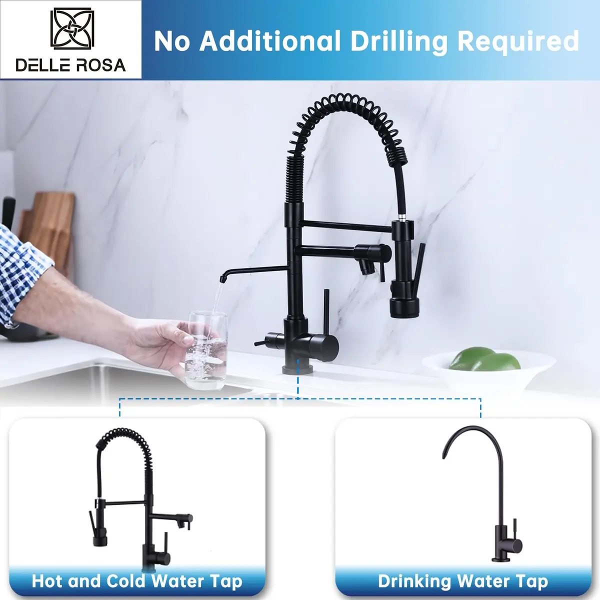 Delle Rosa Kitchen Faucet,3 Way Drinking Water Faucet, Modern Kitchen Faucet with Pull Down Sprayer, Dual Handles Kitchen Sink Faucets,3 in 1 High Arc Water Filter Purifier Faucets Matte Black | 17.9" High-Arch Gooseneck, 360° Swivel - view 4