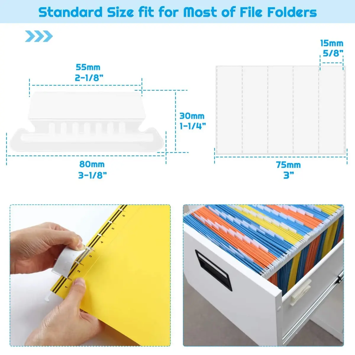 PAXCOO Hanging File Folder Tabs & Inserts 50 Sets | Transparent & White, 2-inch Wide - view 3