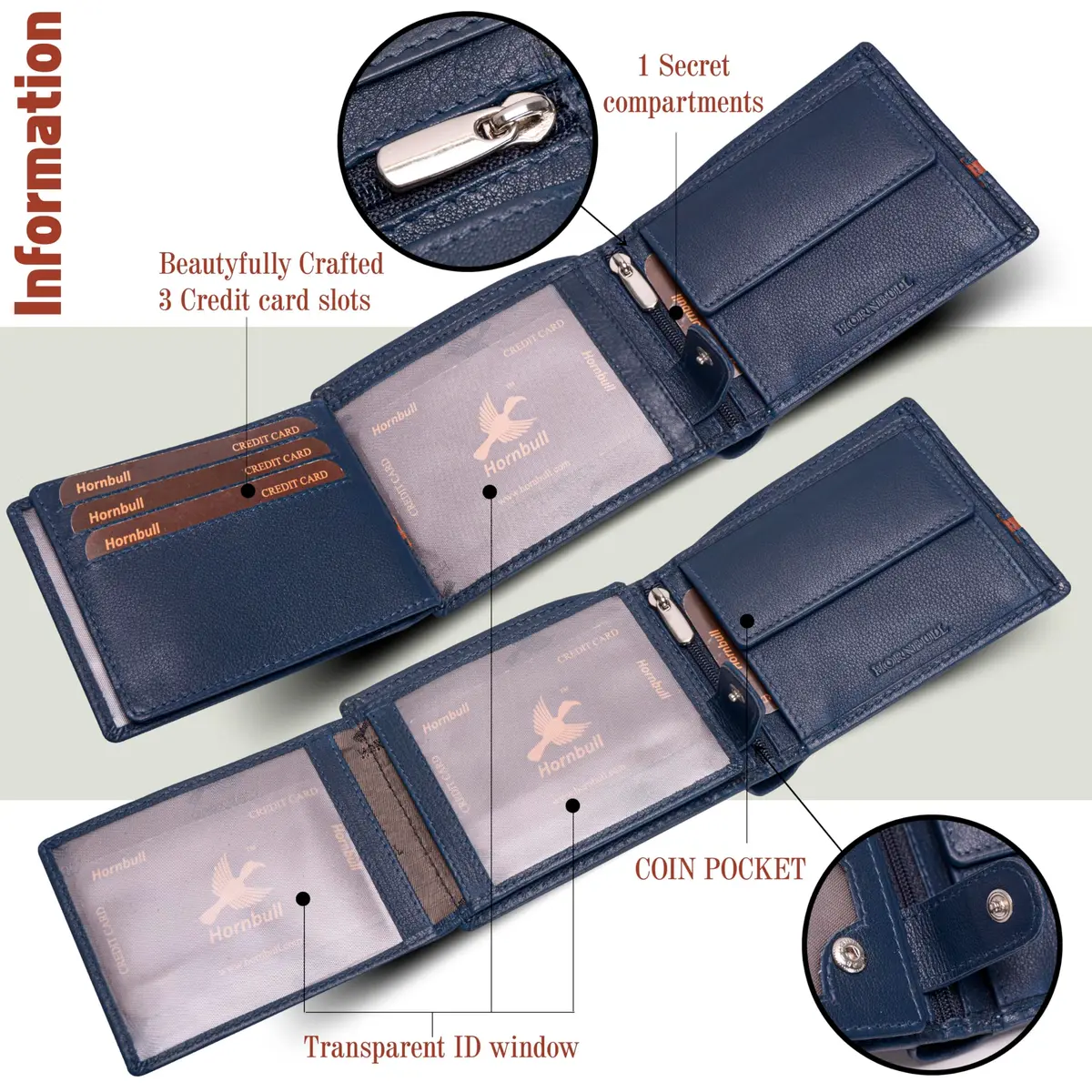 HORNBULL Denial Leather Wallet for Men | Men's RFID Blocking Two Fold Wallet Navy 11.4cm x 9.4cm x 2.9cm | Genuine Leather Bi-Fold with RFID Protection - view 6