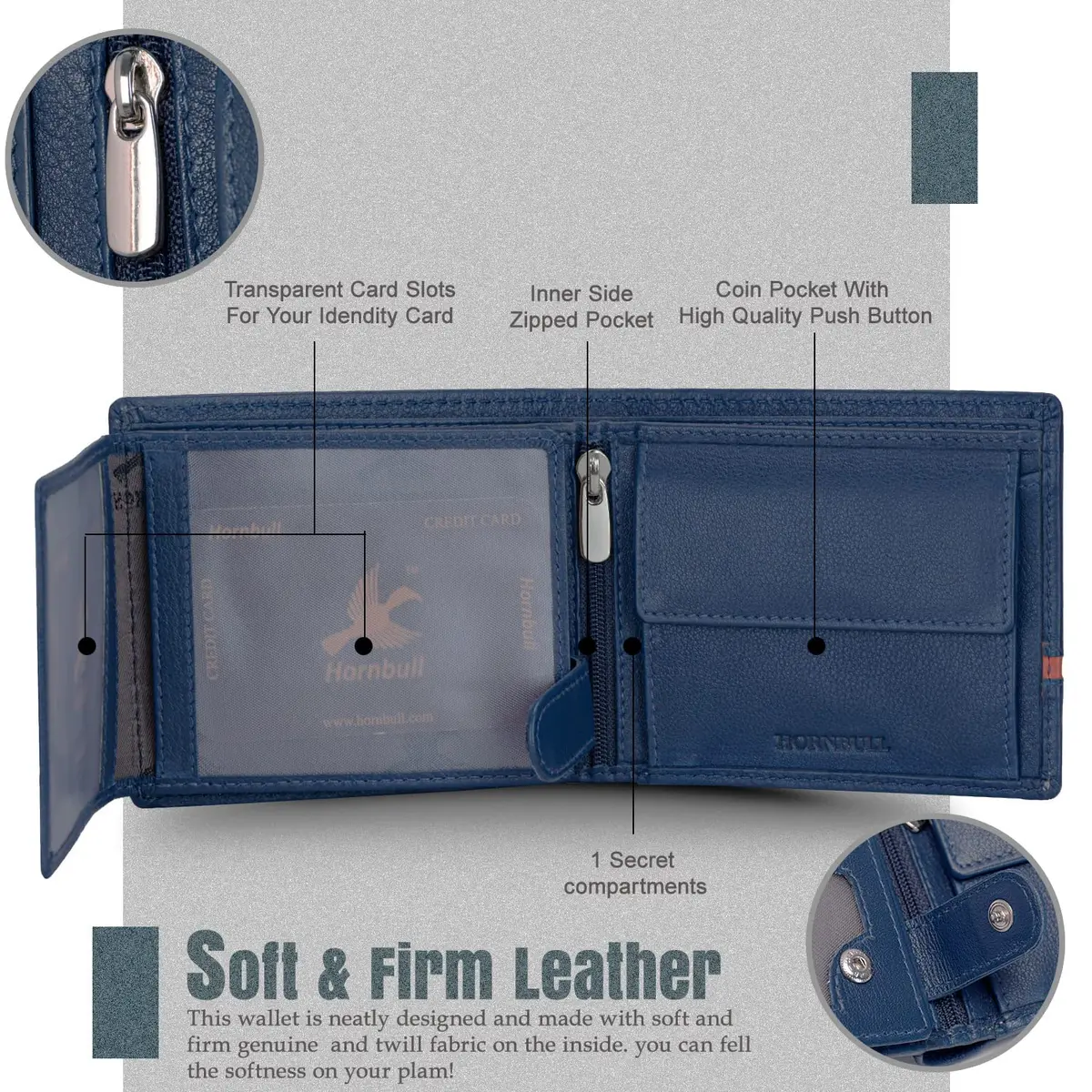 HORNBULL Denial Leather Wallet for Men | Men's RFID Blocking Two Fold Wallet Navy 11.4cm x 9.4cm x 2.9cm | Genuine Leather Bi-Fold with RFID Protection - view 7