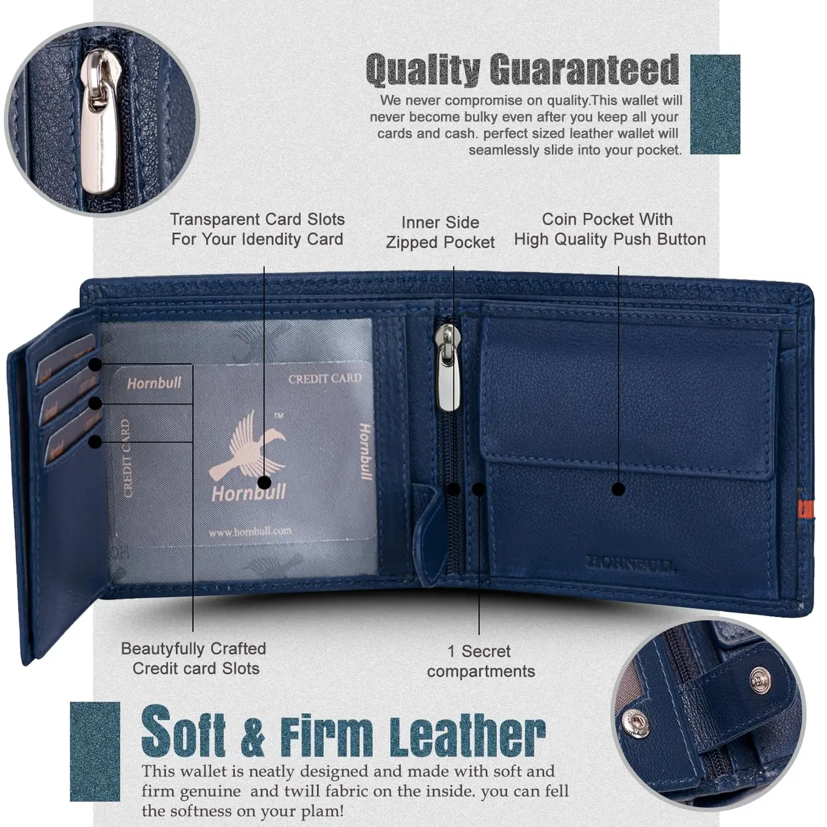 HORNBULL Denial Leather Wallet for Men | Men's RFID Blocking Two Fold Wallet Navy 11.4cm x 9.4cm x 2.9cm | Genuine Leather Bi-Fold with RFID Protection - view 8