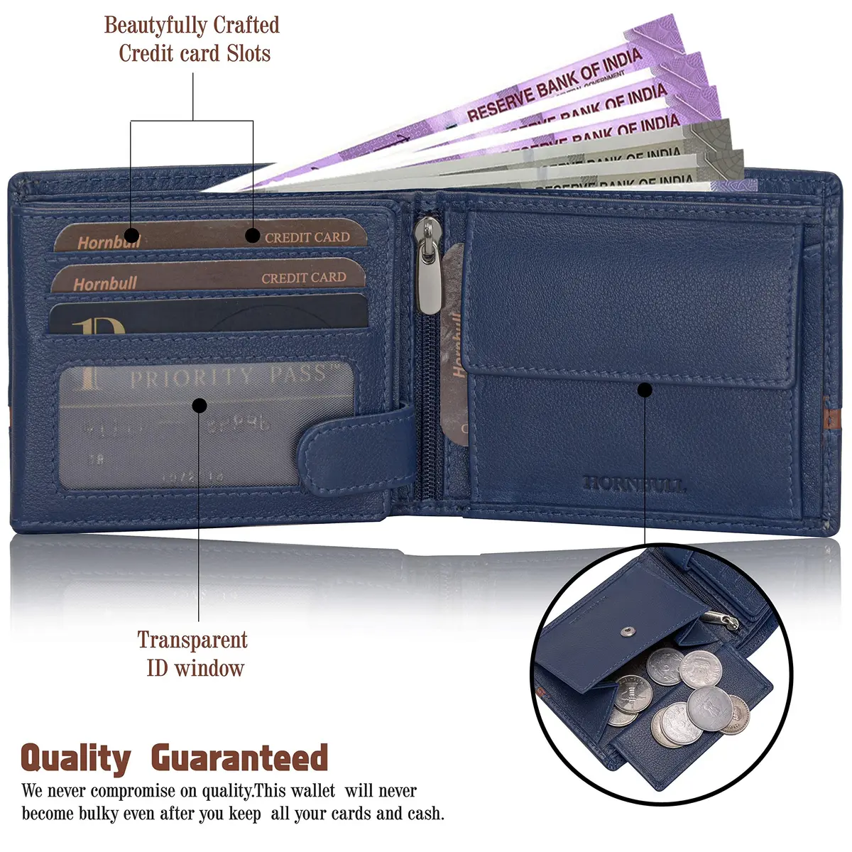 HORNBULL Denial Leather Wallet for Men | Men's RFID Blocking Two Fold Wallet Navy 11.4cm x 9.4cm x 2.9cm | Genuine Leather Bi-Fold with RFID Protection - view 3