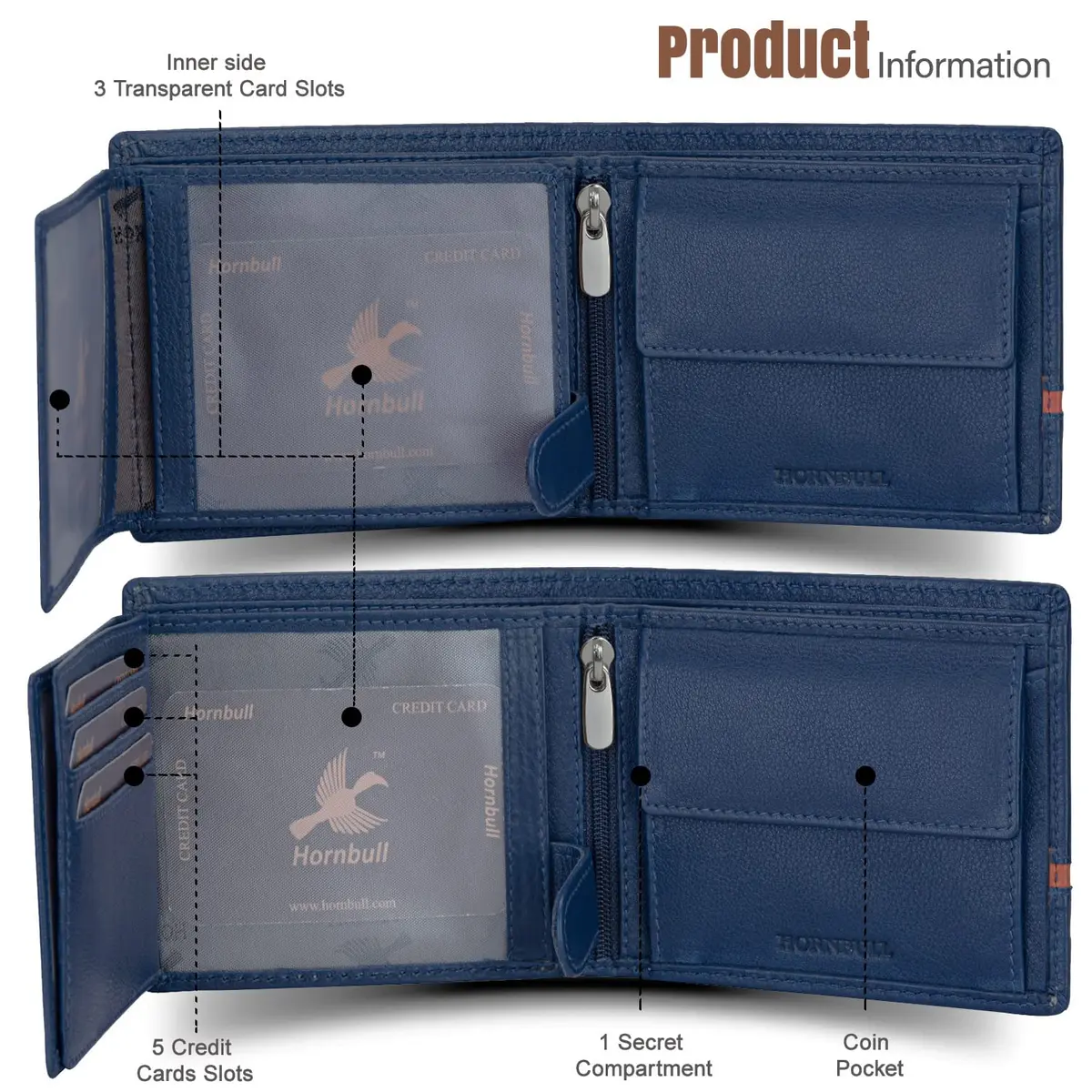 HORNBULL Denial Leather Wallet for Men | Men's RFID Blocking Two Fold Wallet Navy 11.4cm x 9.4cm x 2.9cm | Genuine Leather Bi-Fold with RFID Protection - view 4