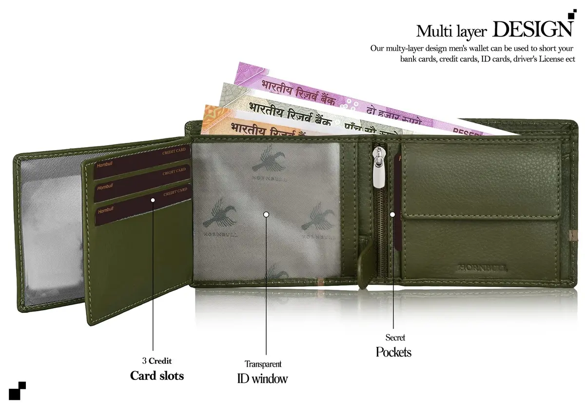 HORNBULL Denial Leather Wallet for Men | Olive | 114mm (4.49in) x 94mm (3.7in) x 13mm (0.51in) | RFID Blocking Bi-Fold Wallet - view 5