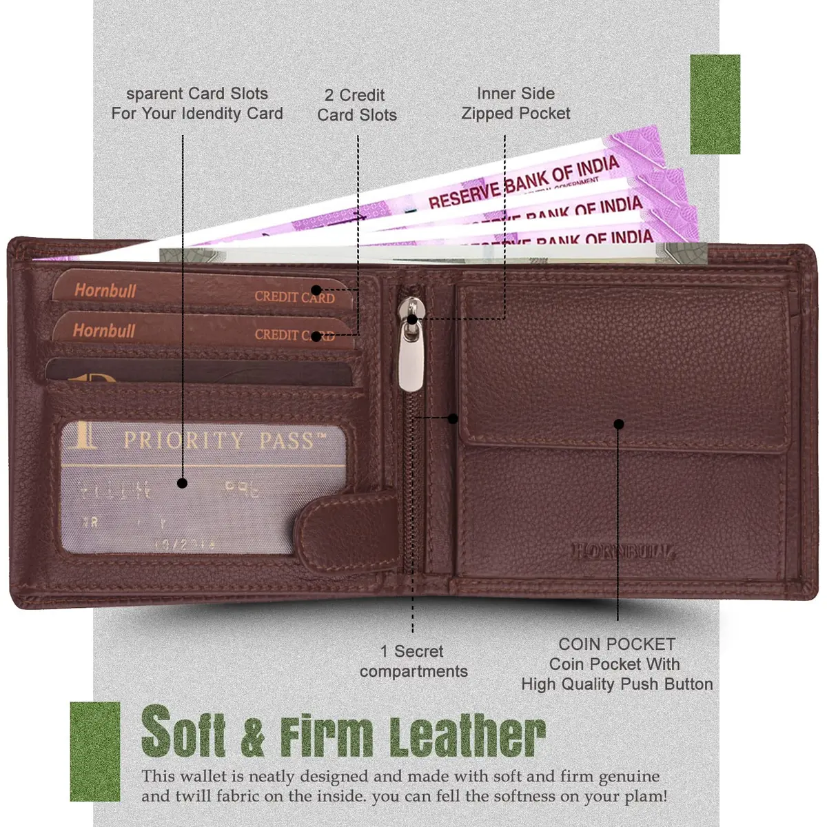 HORNBULL Denial Leather Wallet for Men | Brown Two Fold Wallet with RFID Blocking | 11 cm (W) x 9 cm (H) - view 3
