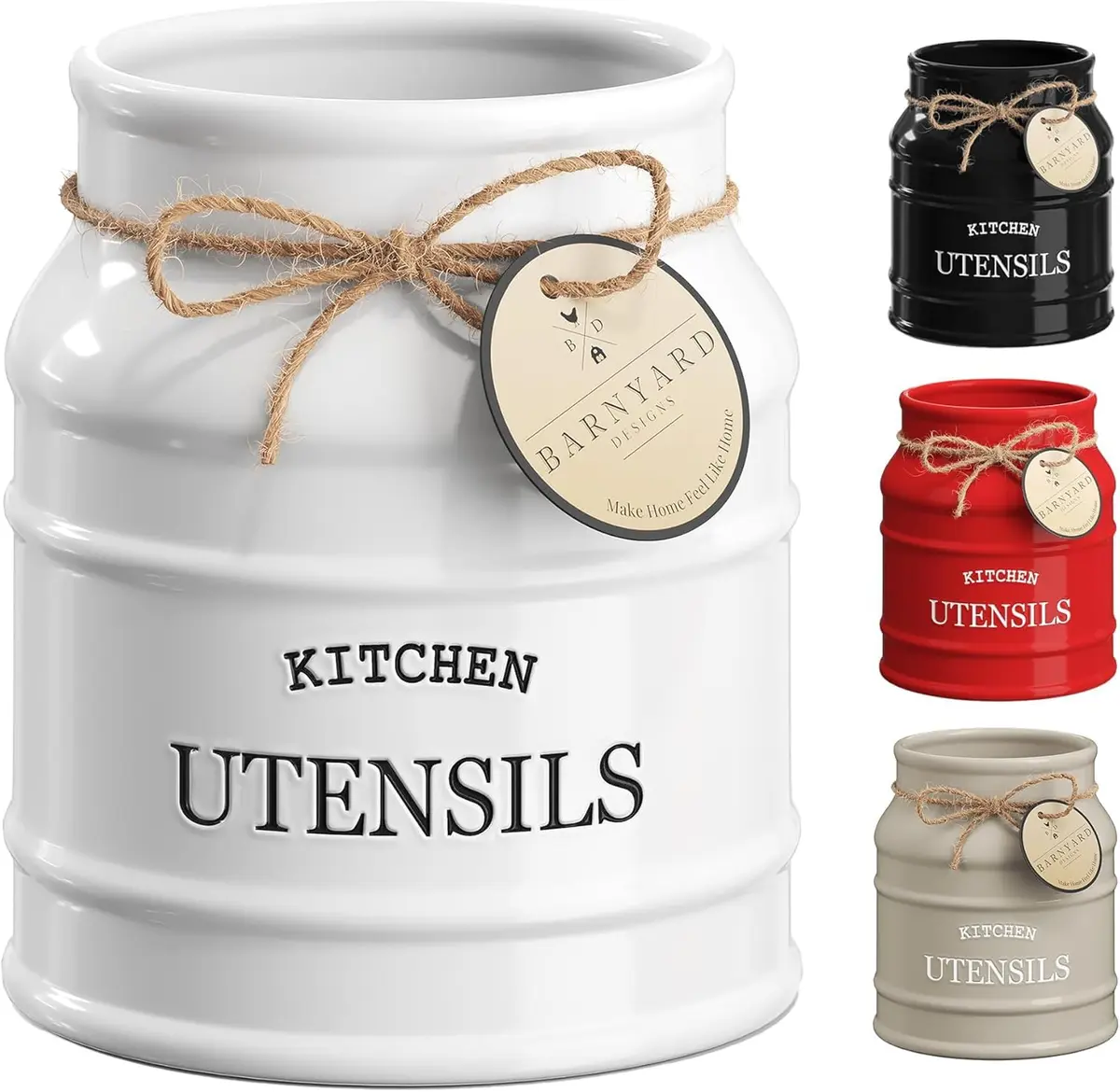 Barnyard Designs Ceramic Kitchen Utensil Holder Countertop 6.75" (White) | Rustic Farmhouse Decor - main product image