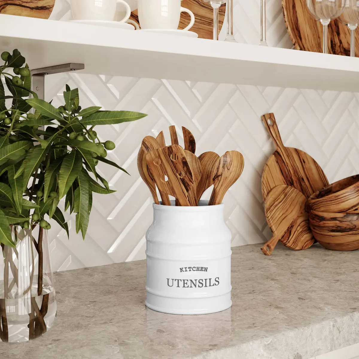 Barnyard Designs Ceramic Kitchen Utensil Holder Countertop 6.75" (White) | Rustic Farmhouse Decor - view 5