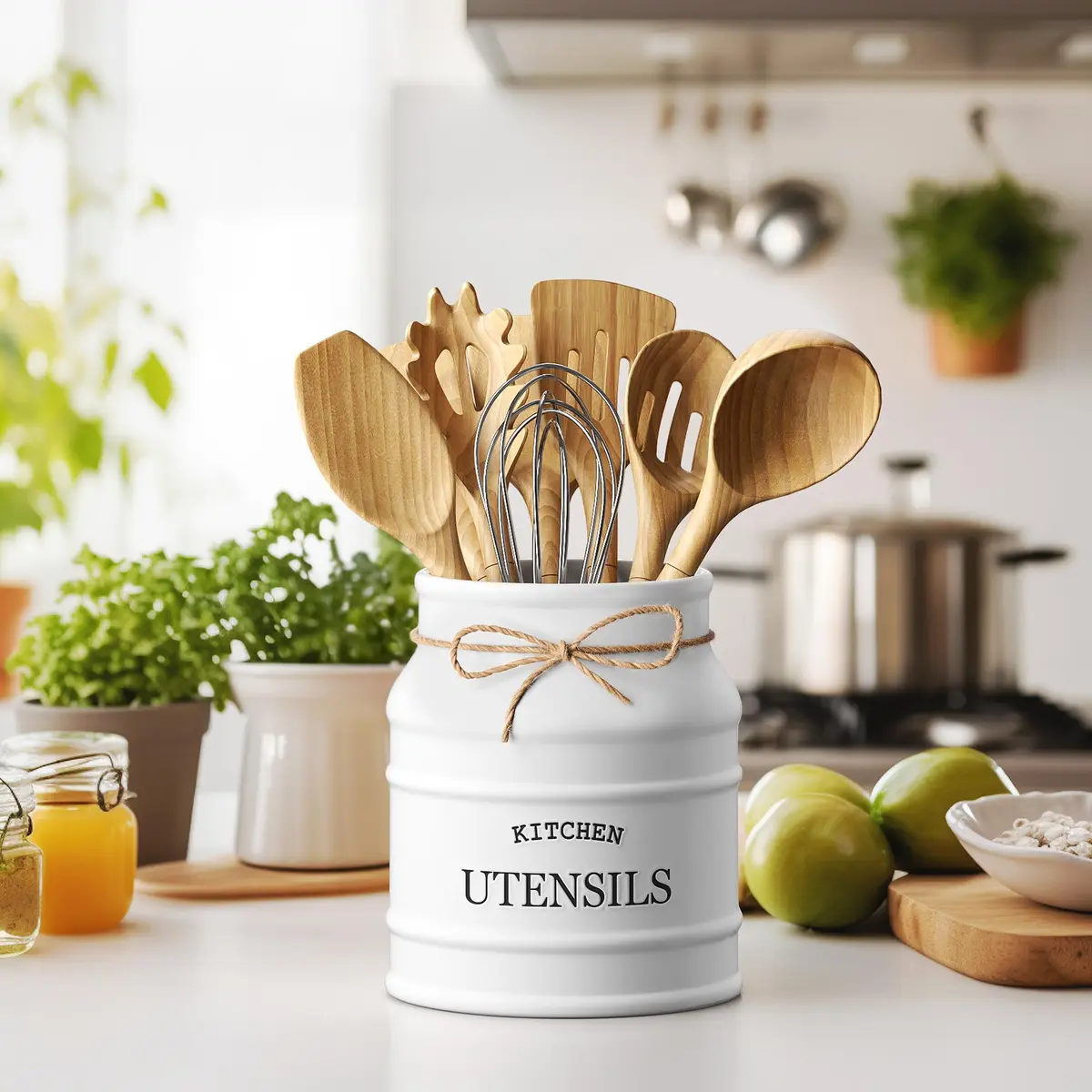 Barnyard Designs Ceramic Kitchen Utensil Holder Countertop 6.75" (White) | Rustic Farmhouse Decor - view 2