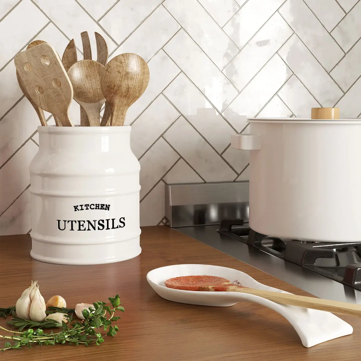 Barnyard Designs Ceramic Kitchen Utensil Holder Countertop 6.75" (White) | Rustic Farmhouse Decor - view 3