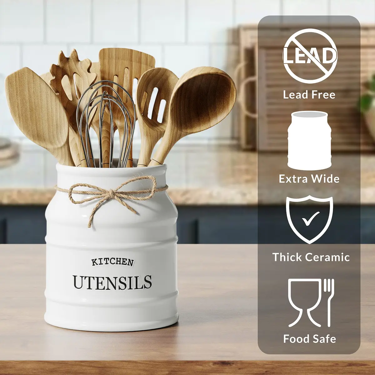 Barnyard Designs Ceramic Kitchen Utensil Holder Countertop 6.75" (White) | Rustic Farmhouse Decor - view 4