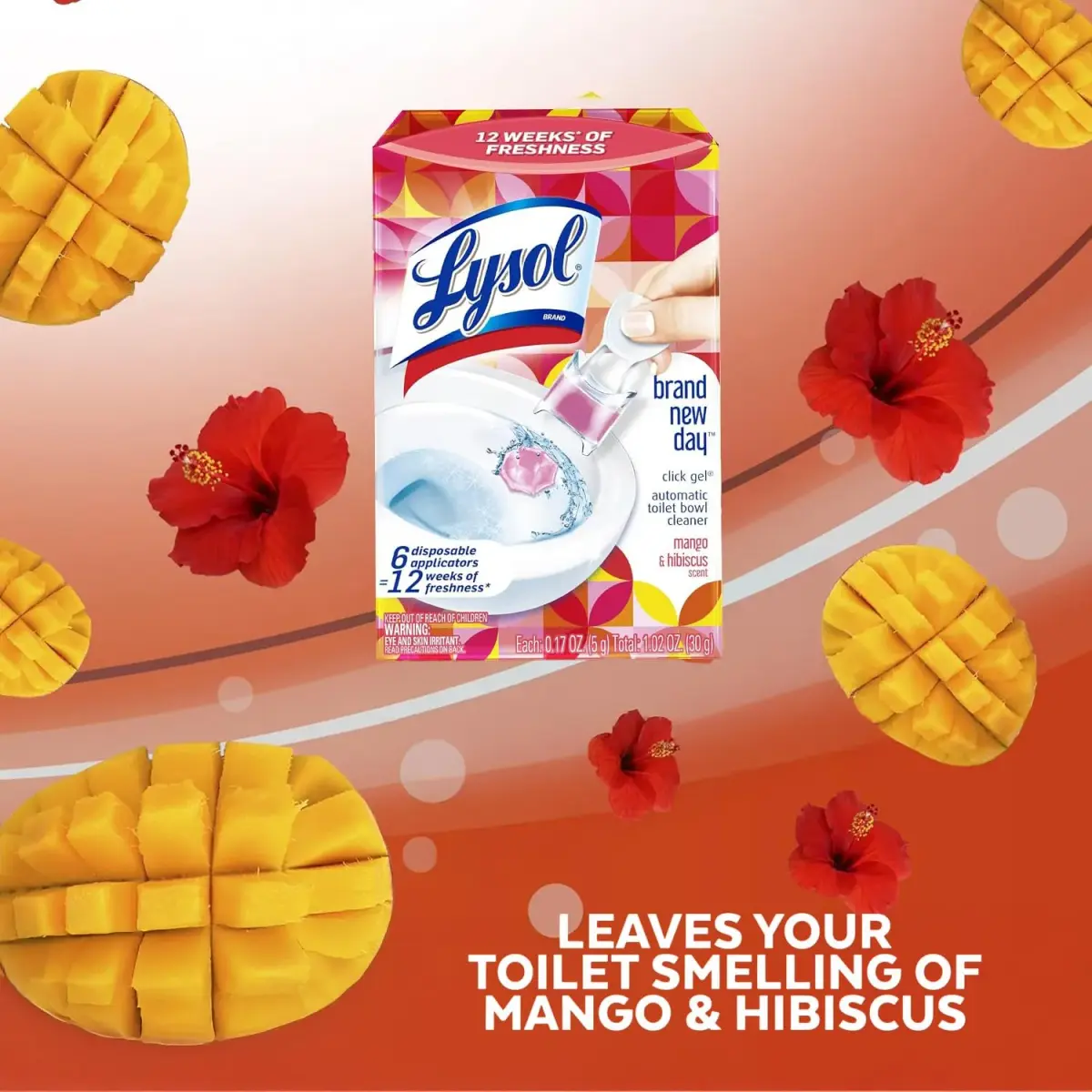 Lysol Click Gel Automatic Toilet Bowl Cleaner Stamp, Refreshing Mango & Hibiscus Scent, 6 Count (Pack of 1) | Cleans and Freshens with Every Flush - view 2