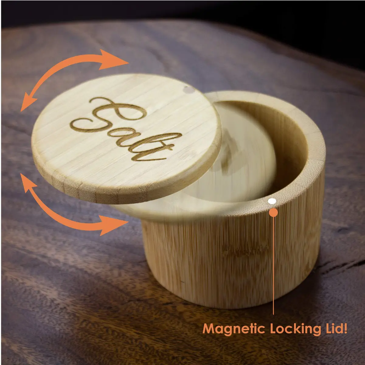 Totally Bamboo Salt Cellar Bamboo Storage Box with Magnetic Swivel Lid, 6 Ounce Capacity, Salt Engraved on Lid - view 4