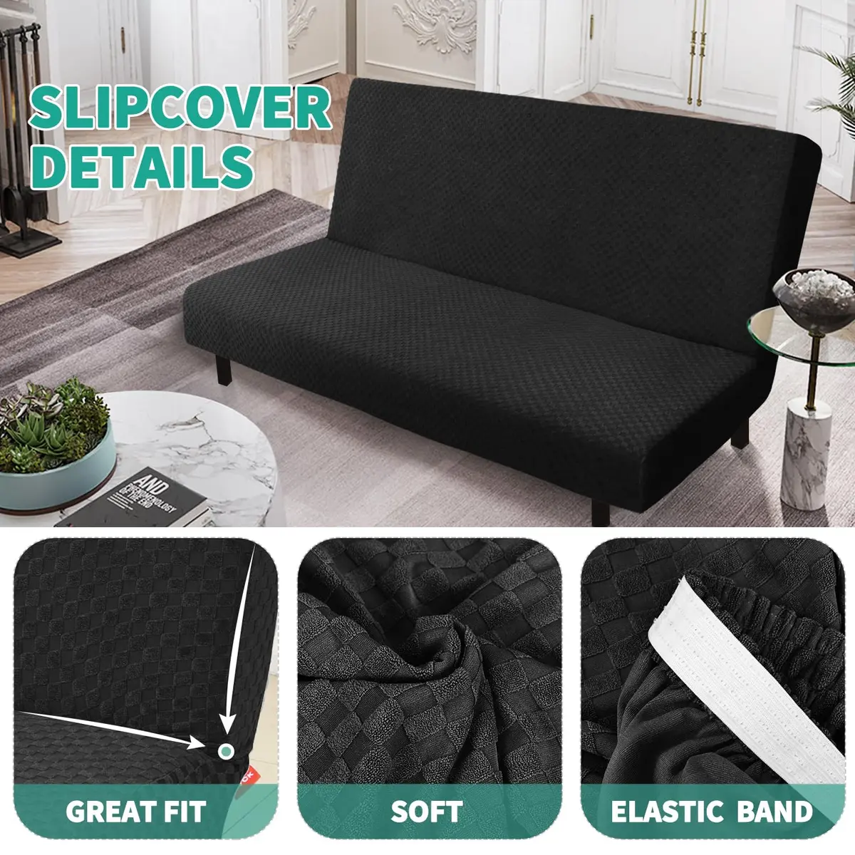 YEMYHOM Futon Cover Jacquard Design High Stretch Black | Modern Furniture Protector - view 3