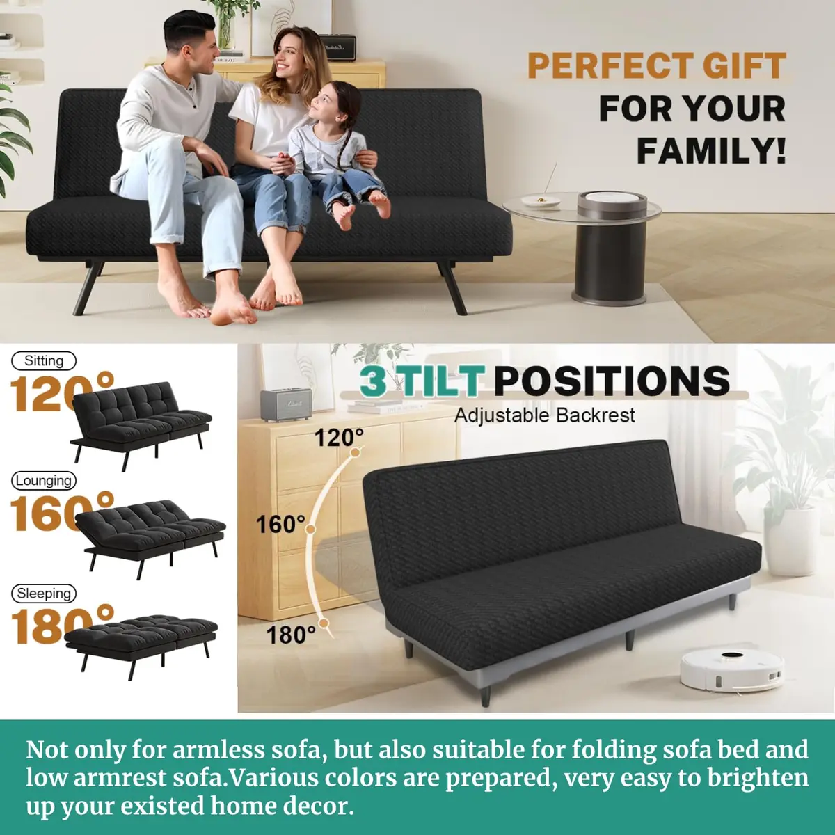 YEMYHOM Futon Cover Jacquard Design High Stretch Black | Modern Furniture Protector - view 4