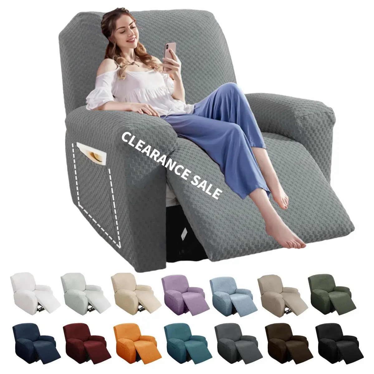YEMYHOM 4-Piece Stretch Recliner Slipcover Set Light Gray | Modern Jacquard Furniture Protector with Side Pocket - main product image