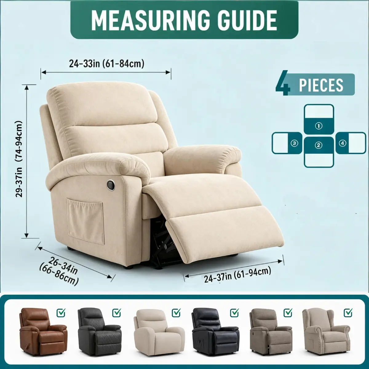 YEMYHOM 4-Piece Stretch Recliner Slipcover Set Light Gray | Modern Jacquard Furniture Protector with Side Pocket - view 5
