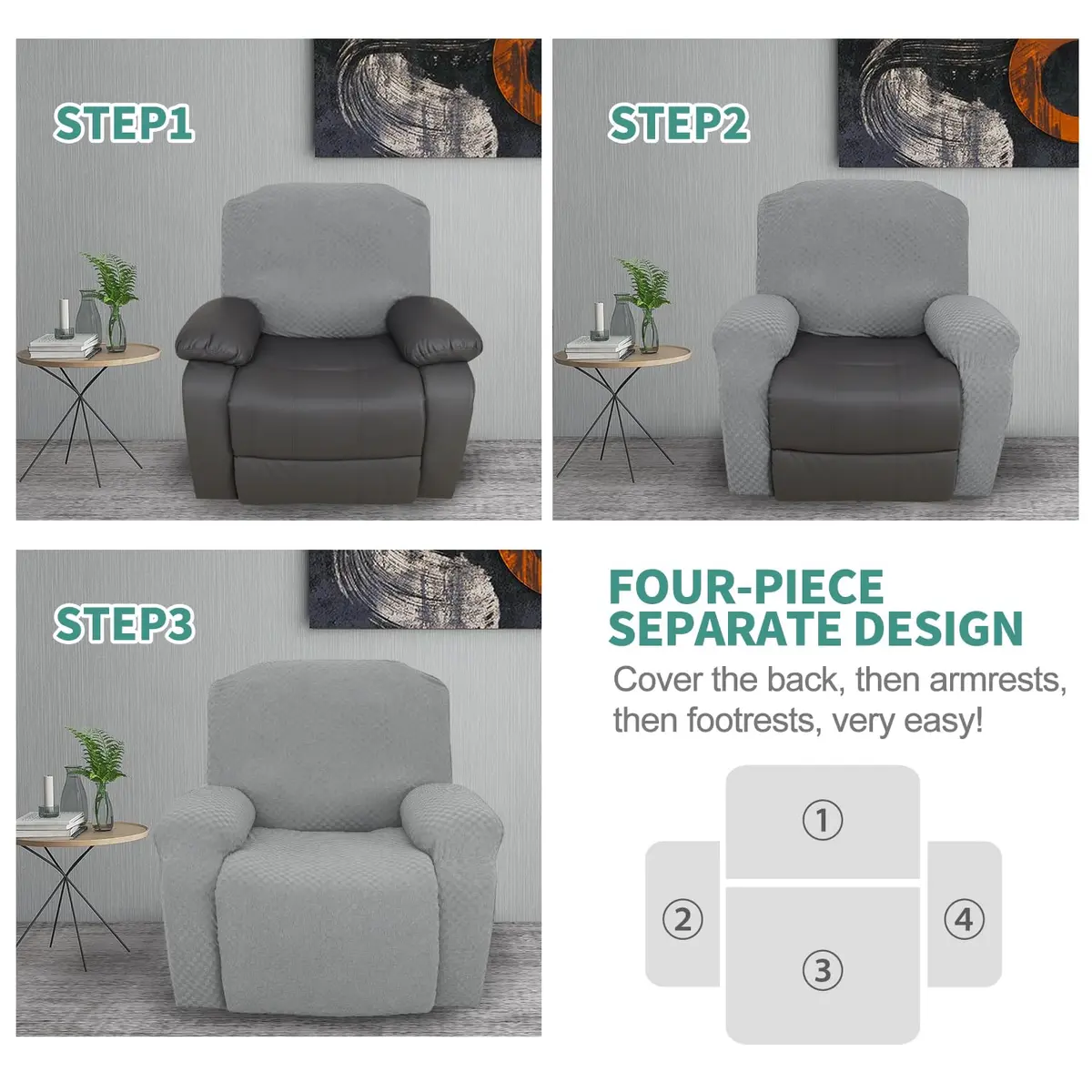 YEMYHOM 4-Piece Stretch Recliner Slipcover Set Light Gray | Modern Jacquard Furniture Protector with Side Pocket - view 6